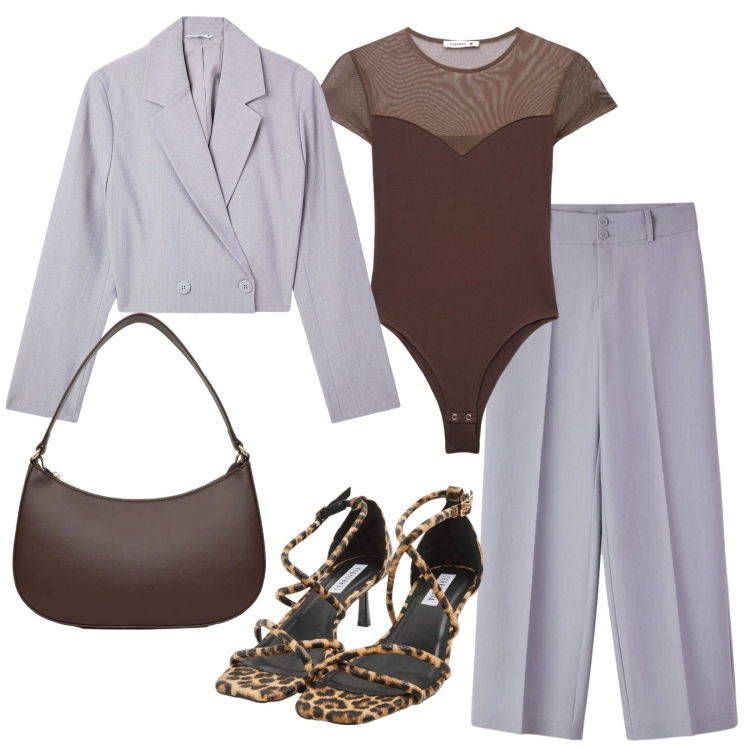 Outfit donna - Serata evento. Stile Sexy per Serata fuori. Abbinamento con pantaloni, top, borse a tracolla, blazer, sandali col tacco.