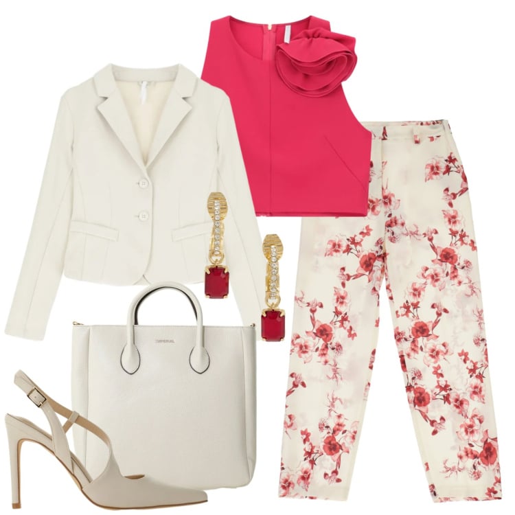 Outfit donna - Cerimonia. Stile Chic per Cerimonia. Abbinamento con pantaloni, top, blazer, décolleté, borse a tracolla, orecchini.