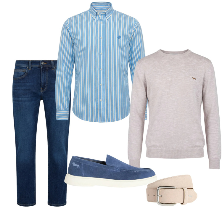 Outfit uomo - Camicia a righe. Stile Trendy per Tutti i giorni. Abbinamento con cinture, pullovers, jeans dritti, camicie, sneakers.