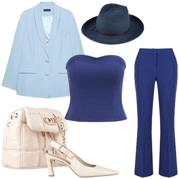 Outfit donna - Eleganza tra Cielo e Mare. Stile Glamour per Tutti i giorni. Abbinamento con valigie, cappelli, décolleté, blazer, top, pantaloni.