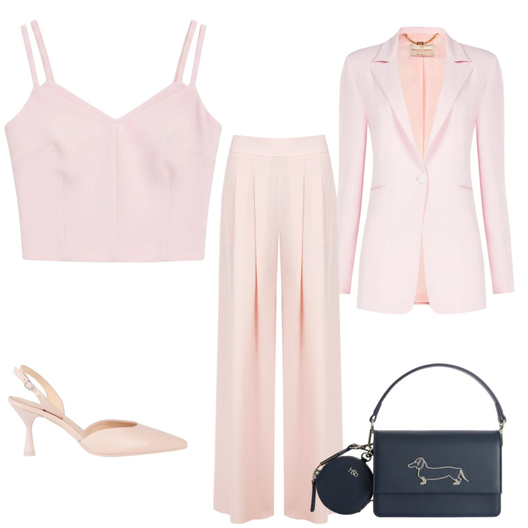 Outfit donna - L\'Eleganza del Rosa Cipria. Stile Glamour per Cerimonia. Abbinamento con décolleté, pantaloni a palazzo, blazer, top, borse a tracolla.