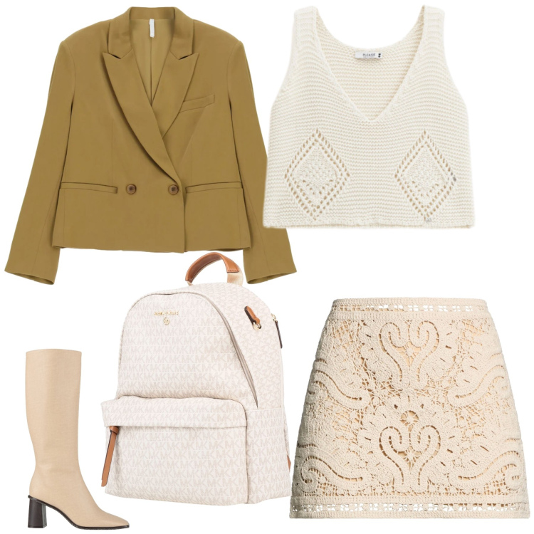 Outfit donna - Eleganza in Senape e Crema. Stile Boho per Tutti i giorni. Abbinamento con minigonne, zaini, stivali, top, blazer.