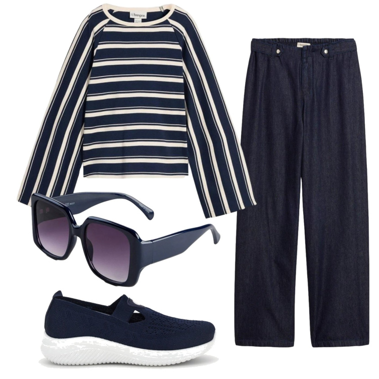 Outfit donna - Total look #2380358. Stile Basic per Tutti i giorni. Abbinamento con maglieria, occhiali da sole, jeans dritti, mocassini.