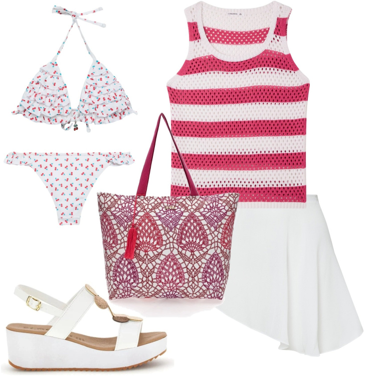 Outfit donna - Total look #2380360. Stile Basic per Mare. Abbinamento con bikini, bikini, top, minigonne, zeppe, shopping bag.