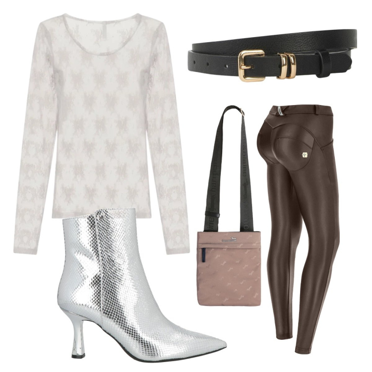 Outfit donna - Audace. Stile Sexy per Serata fuori. Abbinamento con stivaletti, cinture, top, borse a tracolla, pantaloni skinny.