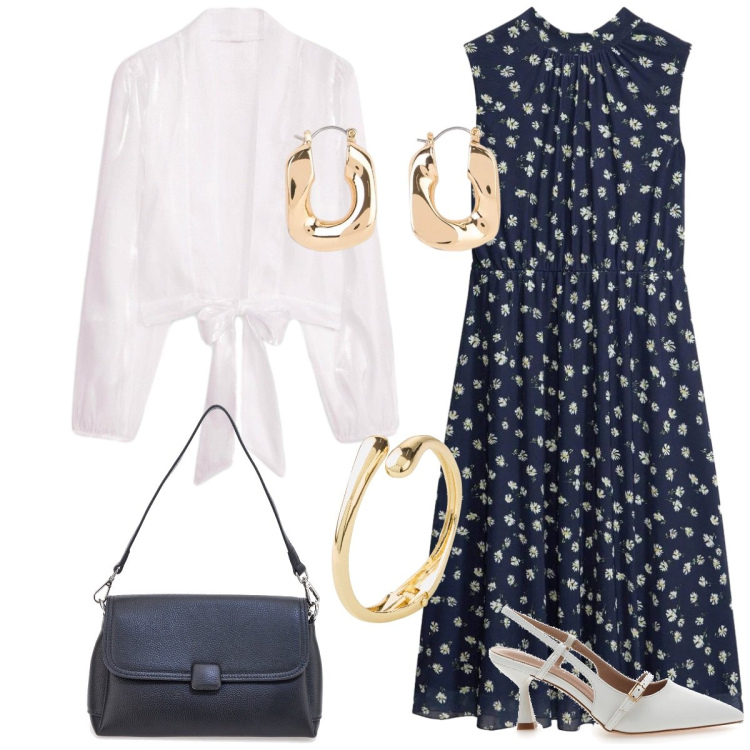 Outfit donna - Passeggiata. Stile Bon Ton per Tutti i giorni. Abbinamento con braccialetti, vestiti, bolero, orecchini, borse a spalla, décolleté.