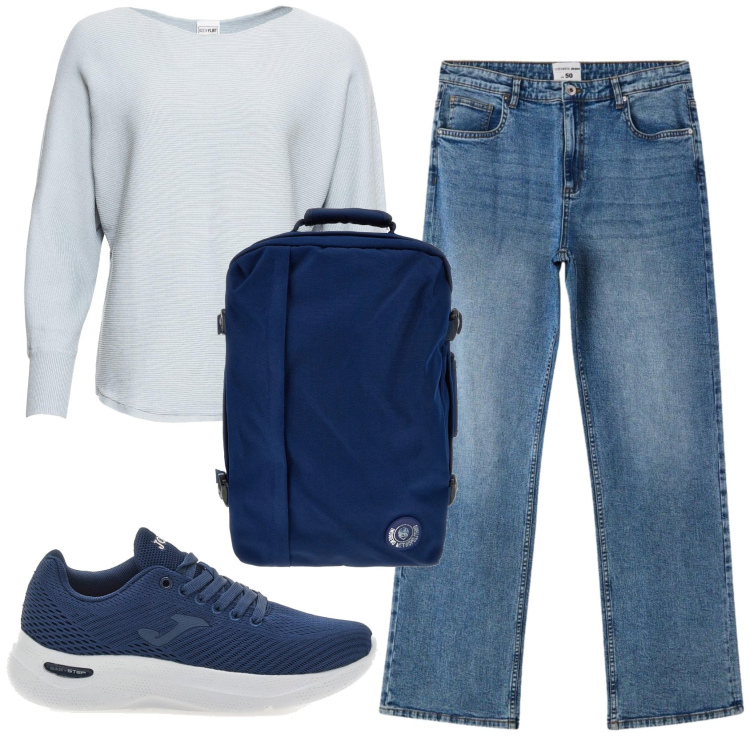 Outfit donna - Total look #2380372. Stile Casual per Tutti i giorni. Abbinamento con maglieria, jeans dritti, sneakers, zaini.