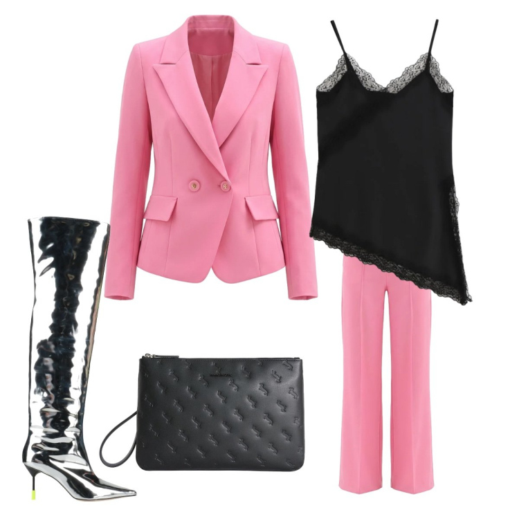 Outfit donna - Colore per un look formale. Stile Glamour per Serata fuori. Abbinamento con stivali sopra il ginocchio, canottiere, pantaloni a palazzo, blazer, anelli.