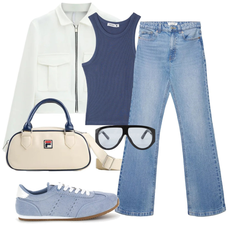Outfit donna - Total look casual. Stile Casual chic per Tutti i giorni. Abbinamento con borse a tracolla, canottiere, jeans bootcut, cappotti, occhiali da sole, sneakers.