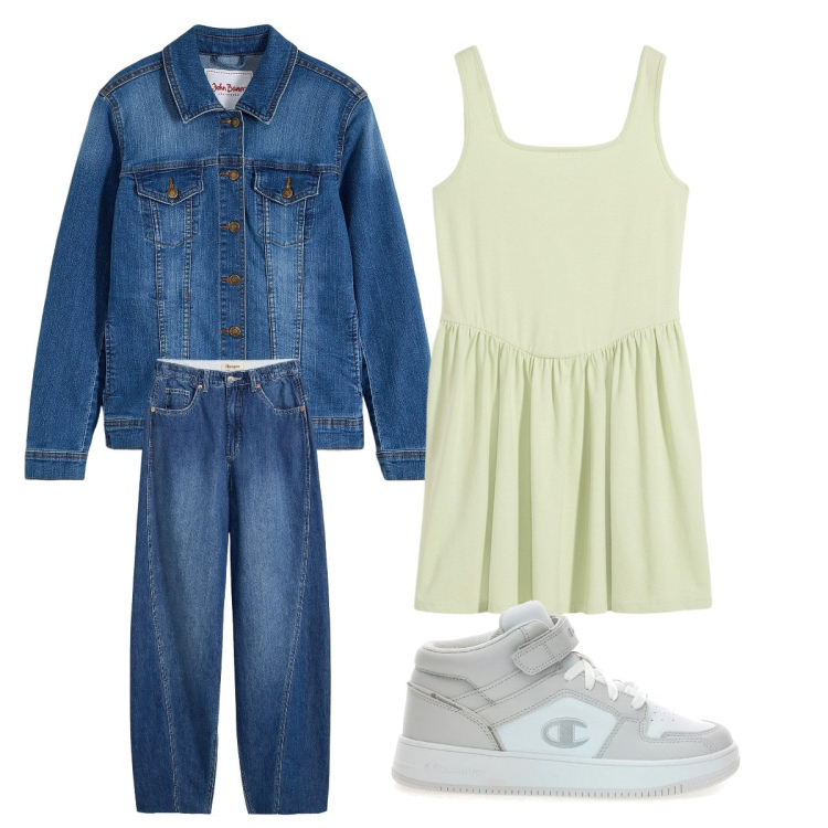 Outfit donna - Primavera. Stile Basic per Tutti i giorni. Abbinamento con jeans, top, blazer, sneakers alte.