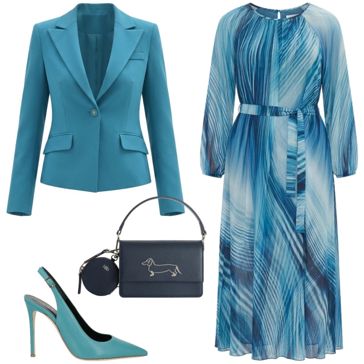 Outfit donna - Turchese. Stile Chic per Tutti i giorni. Abbinamento con décolleté, blazer, vestiti lunghi, borse a tracolla.