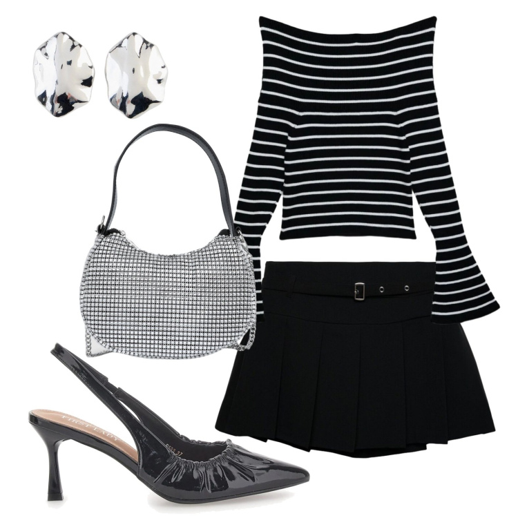 Outfit donna - Gonnellina a pieghe. Stile Sexy per Serata fuori. Abbinamento con orecchini, borse a spalla, maglieria, minigonne, décolleté.