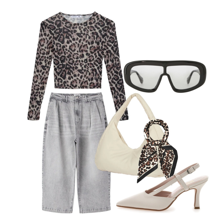 Outfit donna - Aprile. Stile Trendy per Tutti i giorni. Abbinamento con t-shirt, foulard, jeans, occhiali da sole, borse a spalla, décolleté.