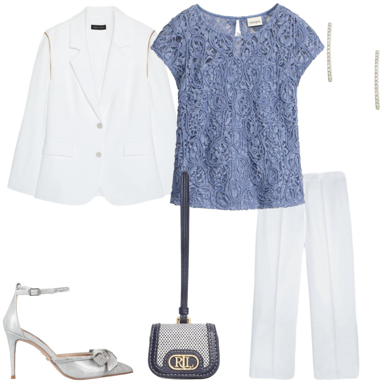 Outfit donna - Il Glamour del Bianco. Stile Glamour per Serata fuori. Abbinamento con décolleté, bluse, pantaloni, blazer, orecchini, pochette.