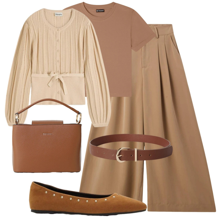 Outfit donna - Sfumature di beige e nocciola. Stile Bon Ton per Ufficio. Abbinamento con maglieria, ballerine, pantaloni, cinture, borse a secchiello, t-shirt.