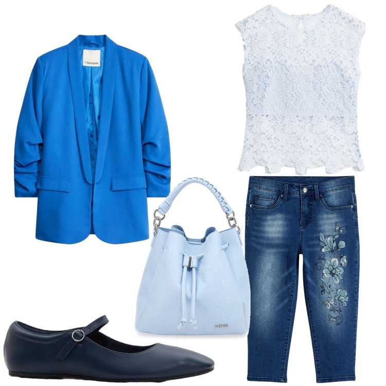 Outfit donna - Blue like the sky.... Stile Bon Ton per Tutti i giorni. Abbinamento con jeans, canottiere, blazer, ballerine, borse a secchiello.