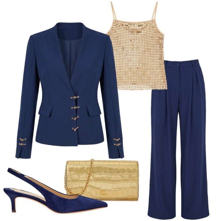 Outfit donna - Tailleur Rinascimento. Stile Etnico per Cerimonia. Abbinamento con blazer, canottiere, pantaloni a palazzo, décolleté, borse a tracolla.