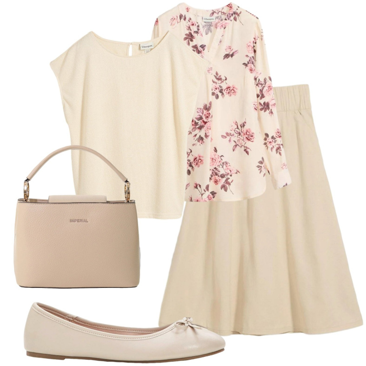 Outfit donna - Romantica in beige. Stile Romantica per Tutti i giorni. Abbinamento con bluse, gonne, ballerine, maglieria, borse a secchiello.