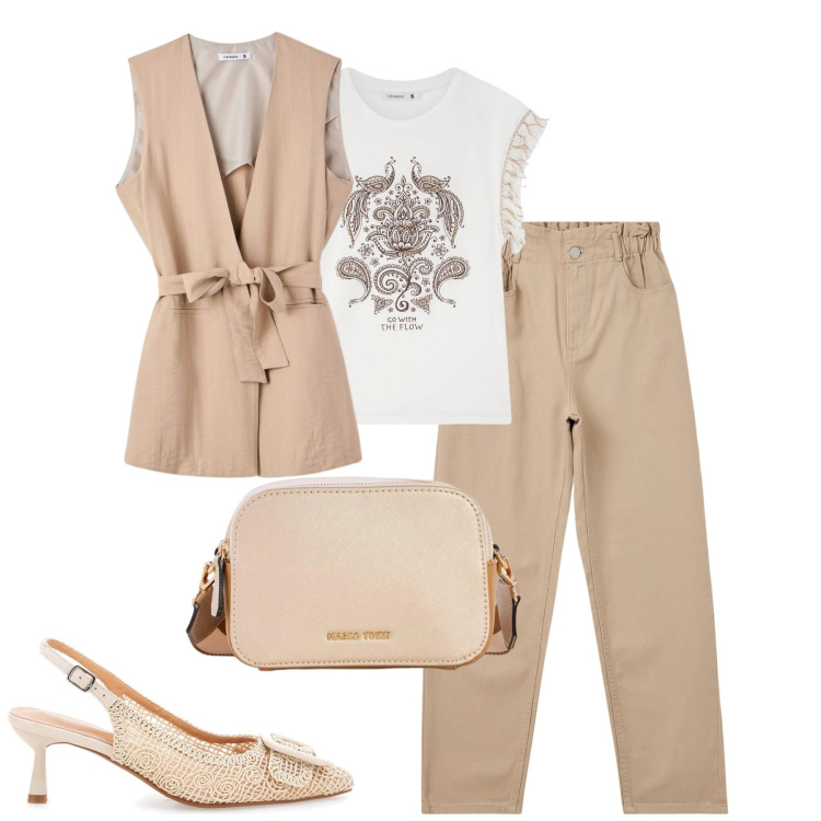 Outfit donna - Aprile. Stile Urban per Tutti i giorni. Abbinamento con borse a tracolla, gilet, t-shirt, pantaloni, scarpe col tacco.