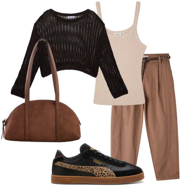 Outfit donna - Maglia traforata. Stile Casual per Scuola/Università. Abbinamento con borse a tracolla, maglieria, canottiere, pantaloni, sneakers.