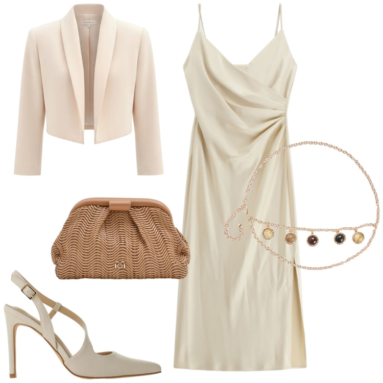 Outfit donna - Party. Stile Chic per Serata fuori. Abbinamento con cinture, vestiti midi/longuette, décolleté, pochette, bolero.