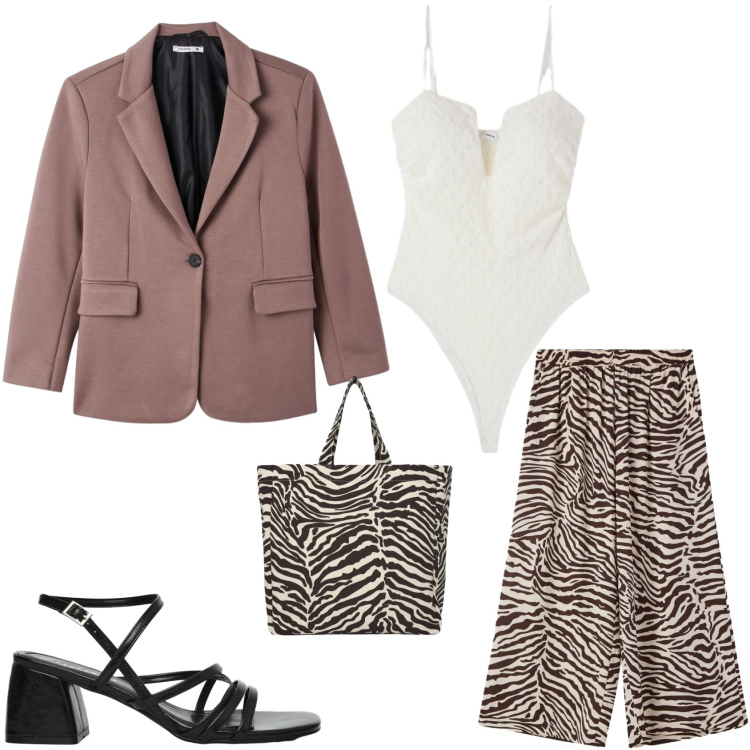 Outfit donna - Terranova Spring Deals: Jungle&Basic. Stile Glamour per Tutti i giorni. Abbinamento con pantaloni, blazer, shopping bag, sandali col tacco, body.