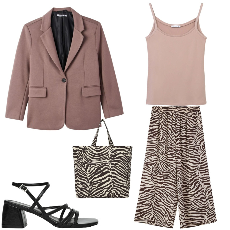 Outfit donna - Trendy outfit. Stile Trendy per Serata fuori. Abbinamento con pantaloni, blazer, shopping bag, sandali col tacco, canottiere.