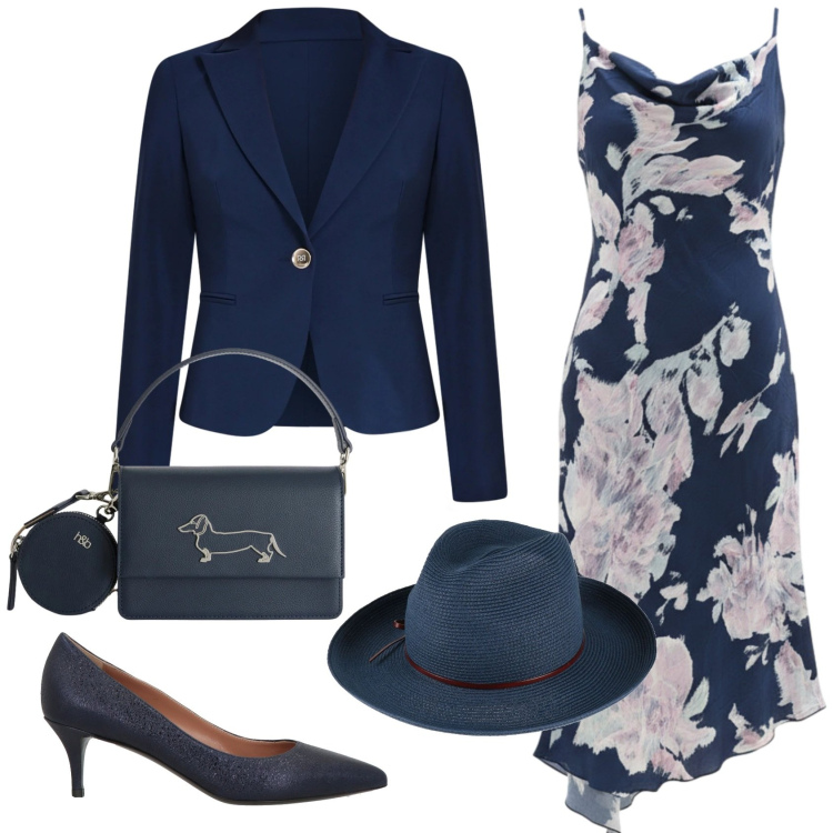 Outfit donna - Total look #2380419. Stile Chic per Cerimonia. Abbinamento con cappelli, décolleté, vestiti asimmetrici, blazer, borse a tracolla.
