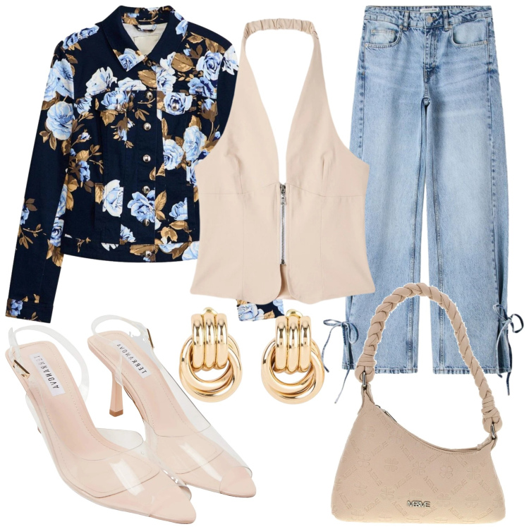 Outfit donna - Il jeans ... a tutti i costi. Stile Chic per Serata fuori. Abbinamento con blazer, orecchini, jeans, sandali col tacco, top, borse a spalla.