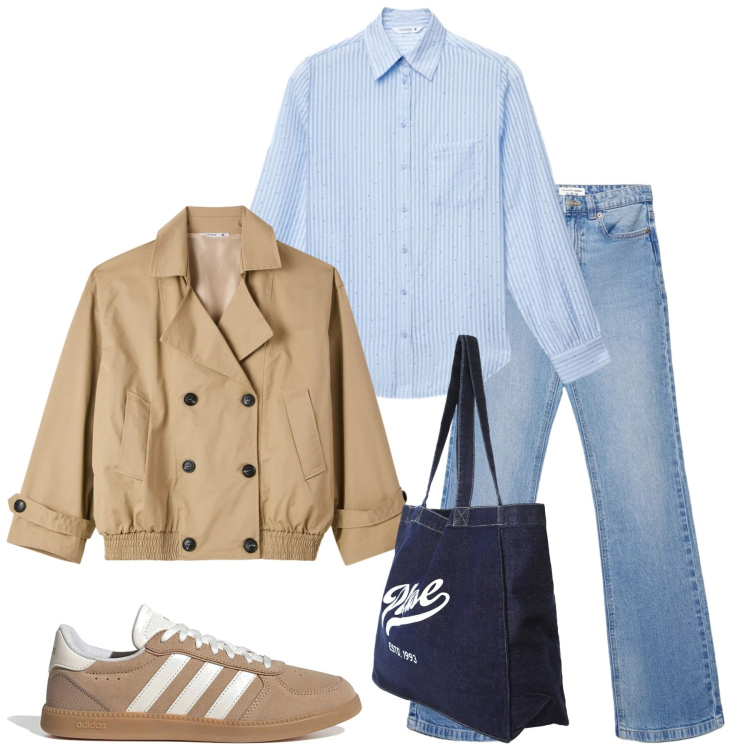 Outfit donna - Aprile. Stile Casual chic per Tutti i giorni. Abbinamento con trench, camicie, jeans bootcut, shopping bag, sneakers.