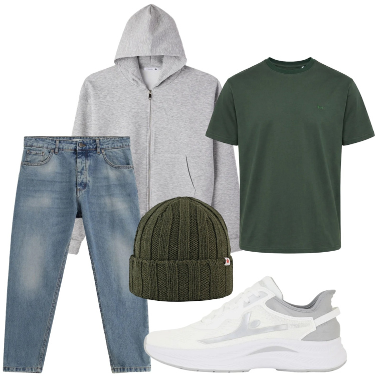 Outfit uomo - Jeans contemporaneo. Stile Casual per Tutti i giorni. Abbinamento con felpe con cappuccio, jeans, t-shirt, sneakers, cappelli.