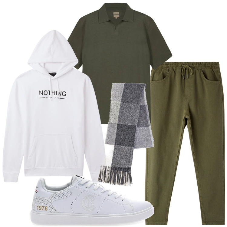 Outfit uomo - Sportivo deciso. Stile Trendy per Tutti i giorni. Abbinamento con sciarpe, felpe con cappuccio, pantaloni, sneakers, polo.