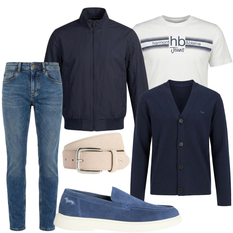 Outfit uomo - Eleganza dinamica. Stile Trendy per Tutti i giorni. Abbinamento con cinture, cardigans, jeans slim fit, t-shirt, sneakers, bomber.