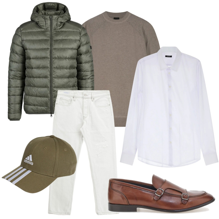 Outfit uomo - Casual quotidiano. Stile Casual per Tutti i giorni. Abbinamento con camicie, jeans dritti, giacche, cappelli con visiera, scarpe stringate, maglieria.