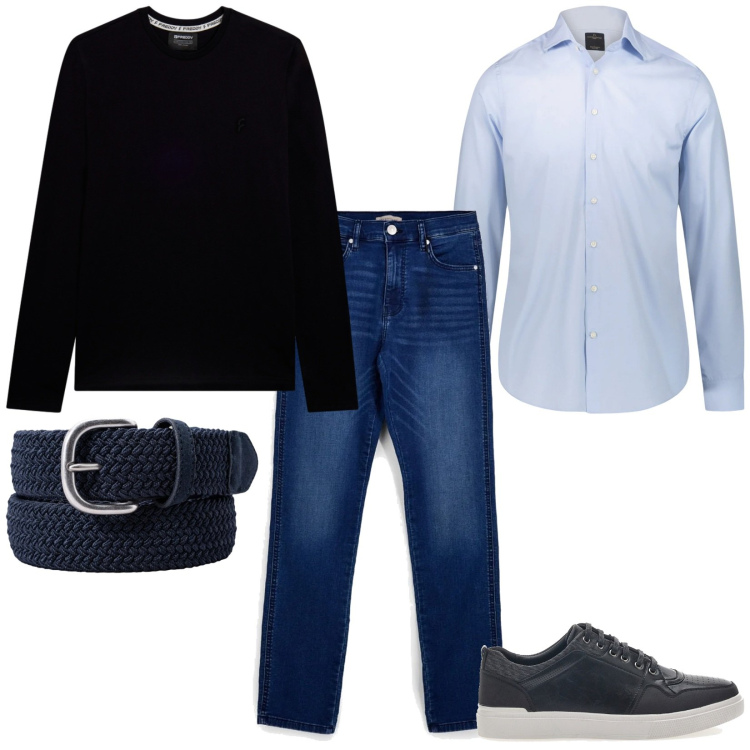 Outfit uomo - Total look #2380452. Stile Casual per Ufficio. Abbinamento con t-shirt, camicie, scarpe stringate, jeans, cinture.