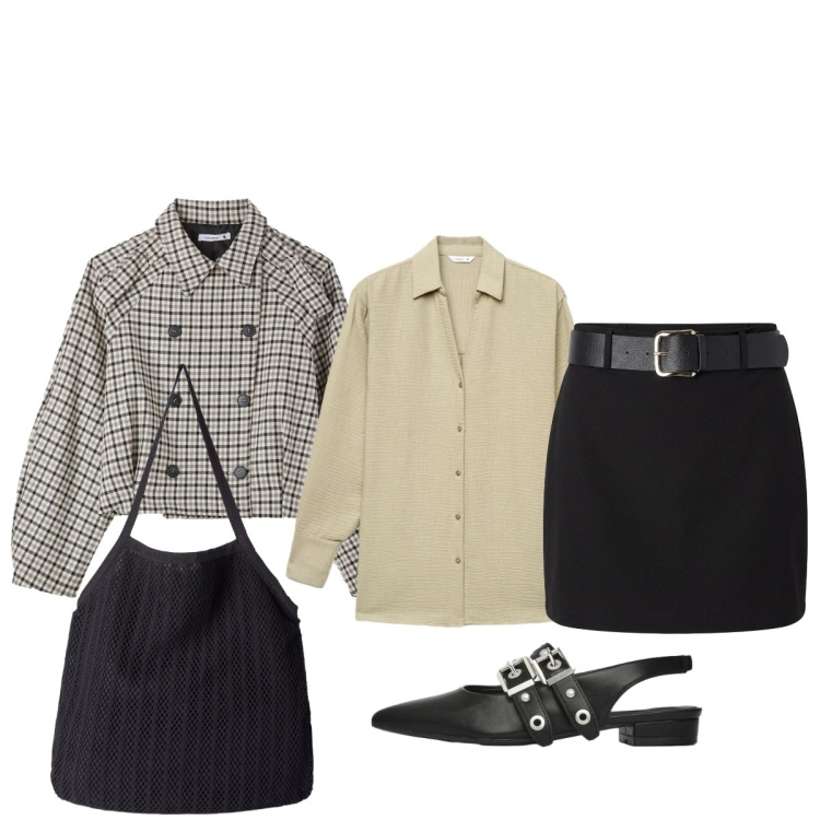 Outfit donna - In città. Stile Glamour per Tutti i giorni. Abbinamento con minigonne, ballerine, shopping bag, caban, camicie.