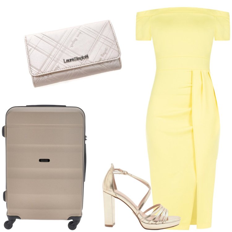 Outfit donna - L\'abito da cerimonia. Stile Glamour per Cerimonia. Abbinamento con vestiti asimmetrici, sandali col tacco, portafogli, valigie.