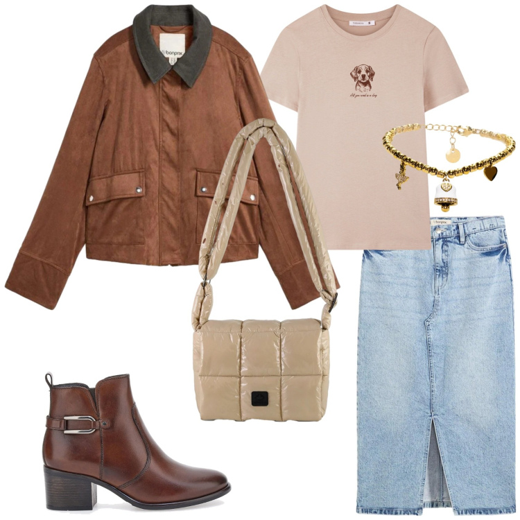 Outfit donna - Un outfit di primavera. Stile Casual per Tutti i giorni. Abbinamento con cappotti, gonne longuette, t-shirt, braccialetti, borse a spalla, stivaletti.