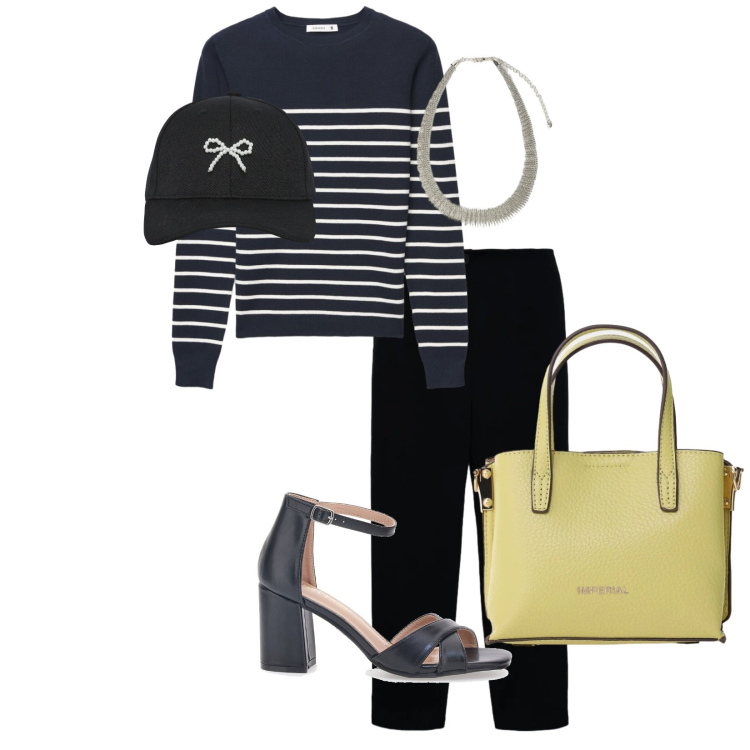 Outfit donna - Total look #2380463. Stile Bon Ton per Mare. Abbinamento con pantaloni chino, cappelli con visiera, maglieria, borse a tracolla, collane, sandali col tacco.