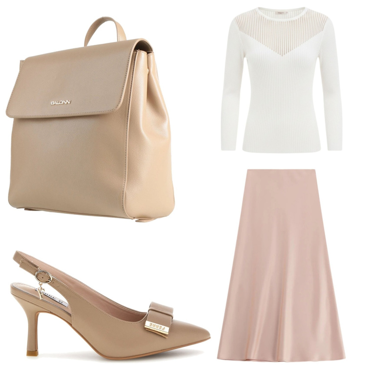 Outfit donna - Primavera chic. Stile Romantica per Ufficio. Abbinamento con zaini, gonne lunghe, maglieria, décolleté.