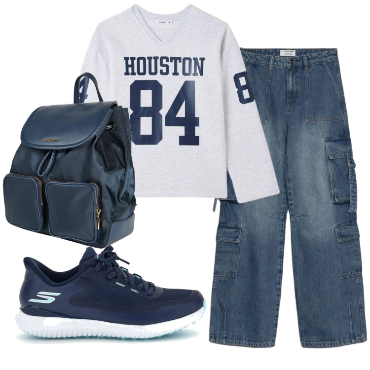Outfit donna - Total look #2380468. Stile Casual per Scuola/Università. Abbinamento con zaini, jeans, t-shirt, sneakers.