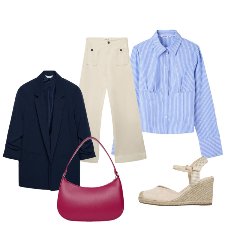 Outfit donna - Casual chic per tutti i giorni. Stile Casual chic per Tutti i giorni. Abbinamento con camicie, blazer, borse a tracolla, jeans, zeppe.