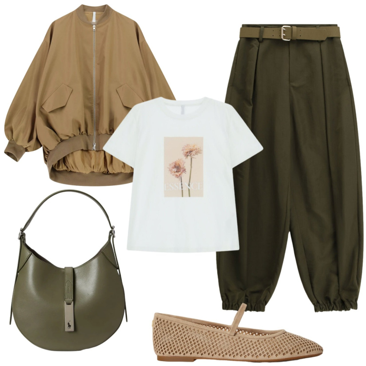 Outfit donna - Casual Imperial. Stile Casual per Tutti i giorni. Abbinamento con pantaloni, bomber, t-shirt, borse a spalla, ballerine.