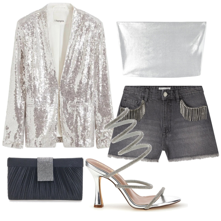 Outfit donna - Fever night. Stile Rock per Serata fuori. Abbinamento con blazer, shorts, top, pochette, sandali col tacco.