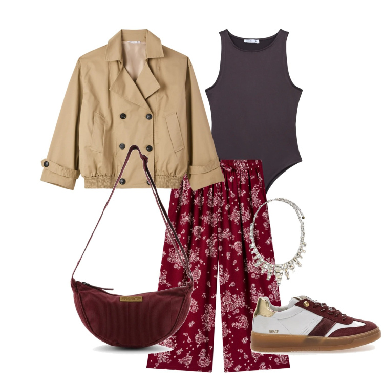 Outfit donna - Total look #2380475. Stile Sporty chic per Tutti i giorni. Abbinamento con pantaloni a palazzo, body, trench, collane, borse a tracolla, sneakers.