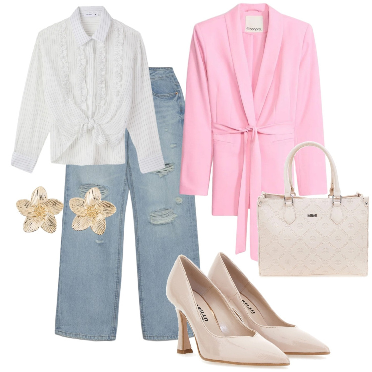 Outfit donna - Blazer di primavera @antonellal. Stile Glamour per Tutti i giorni. Abbinamento con blazer, orecchini, camicie, jeans strappati, décolleté, borse a tracolla.