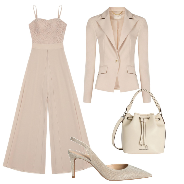 Outfit donna - Cerimonia tortora beige. Stile Chic per Cerimonia. Abbinamento con décolleté, tute, blazer, borse a secchiello.
