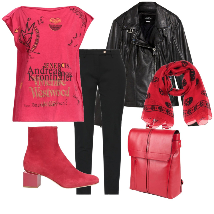 Outfit donna - Rosso rock. Stile Rock per Serata fuori. Abbinamento con pantaloni, t-shirt, stivaletti, zaini, sciarpe, blazer.