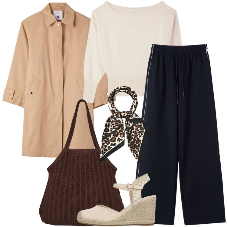 Outfit donna - Terranova Spring Deals. Stile Urban per Ufficio. Abbinamento con pantaloni, shopping bag, pullovers, foulard, trench, zeppe.
