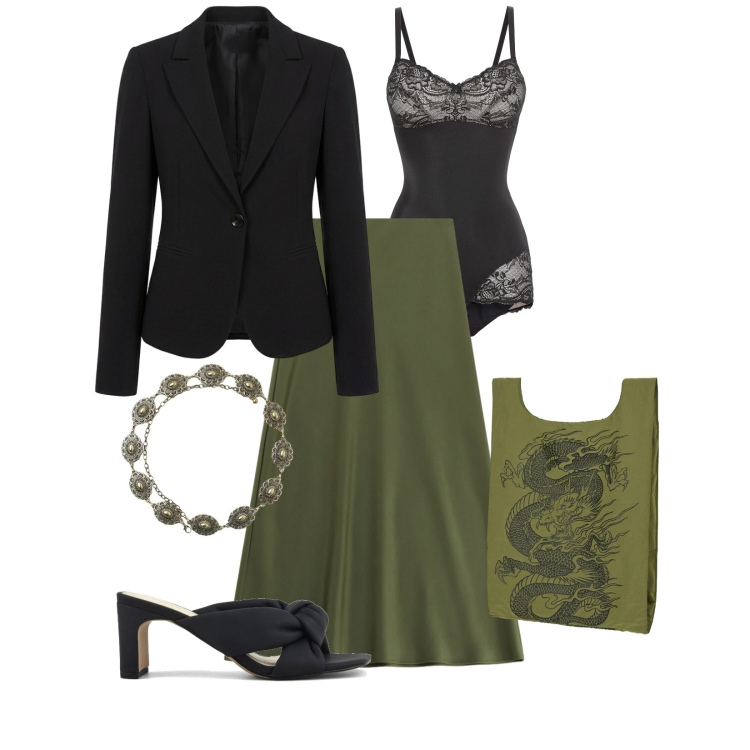 Outfit donna - Total look #2380484. Stile Glamour per Serata fuori. Abbinamento con body, cinture, gonne lunghe, blazer, shopping bag, sandali col tacco.